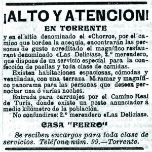 Anuncio de prensa en el diario “El Pueblo” de uno de los merenderos de la fuente del Chorro.
