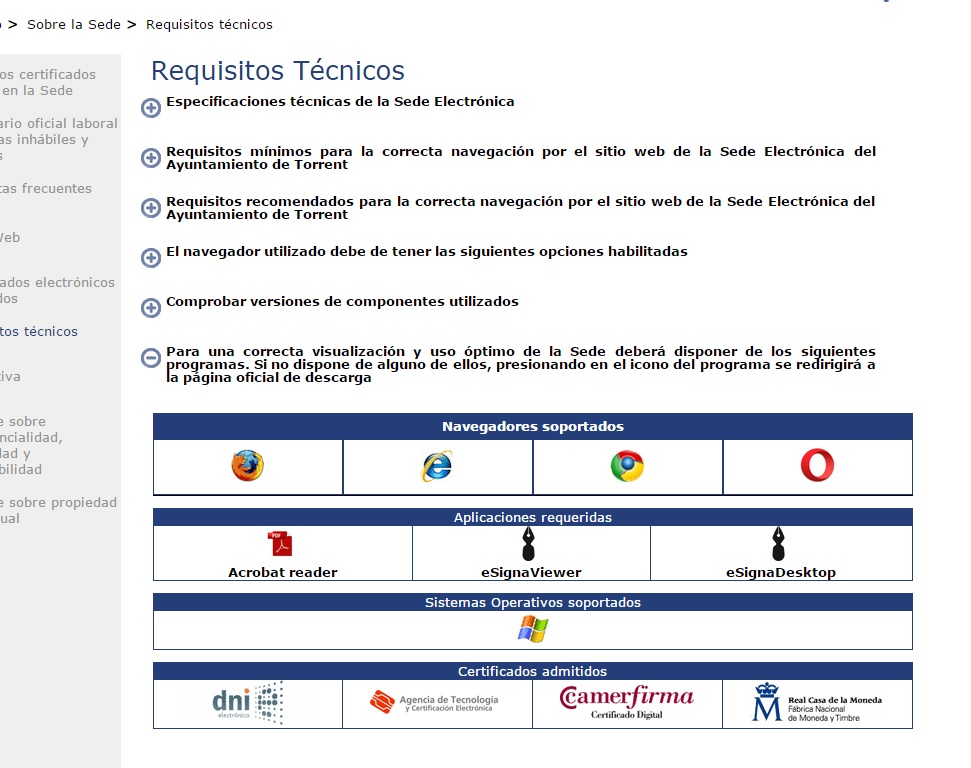 Requisitos en el que se puede comprobar que solamente se permite utilizar el sistema Windows para tramitar con el Ayuntamiento