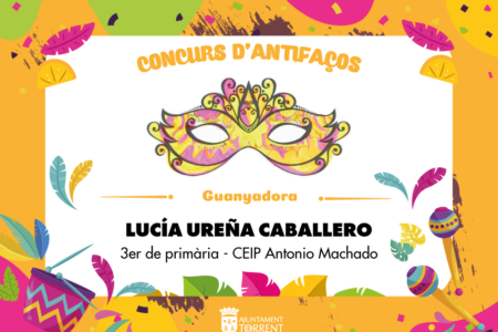 Lucía Ureña del CEIP Antonio Machado gana el concurso de máscaras de Torrent