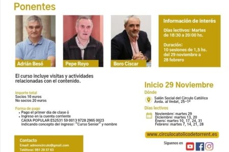 El Círculo Católico organiza un Curso sobre la historia de Torrent y su patrimonio cultural