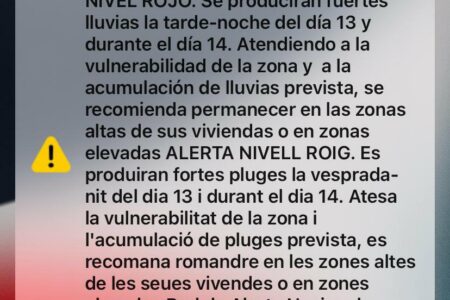 Tercer aviso a los móviles, la Generalitat recomienda mantenerse en pisos elevados ante las posibles lluvias de esta noche