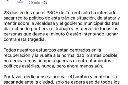 ”No dedicaremos tiempo a guerras y enfrentamientos” la respuesta del PP de Torrent a 23 días de ataques del PSOE