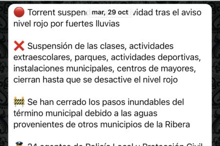 Torrent avisó a sus vecinos a través del WhatsApp y RRSS que hicieron de ES-Alert el 29 de octubre desde por la mañana