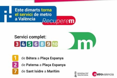 La Generalitat recuperará la mayor parte de la red de Metrovalencia a partir del martes 3 de diciembre