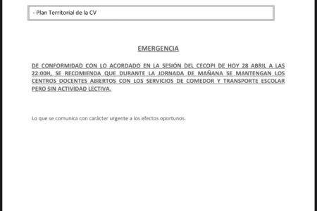 El CECOPI acuerda abrir los colegios pero sin docencia este martes en la Comunitat Valenciana